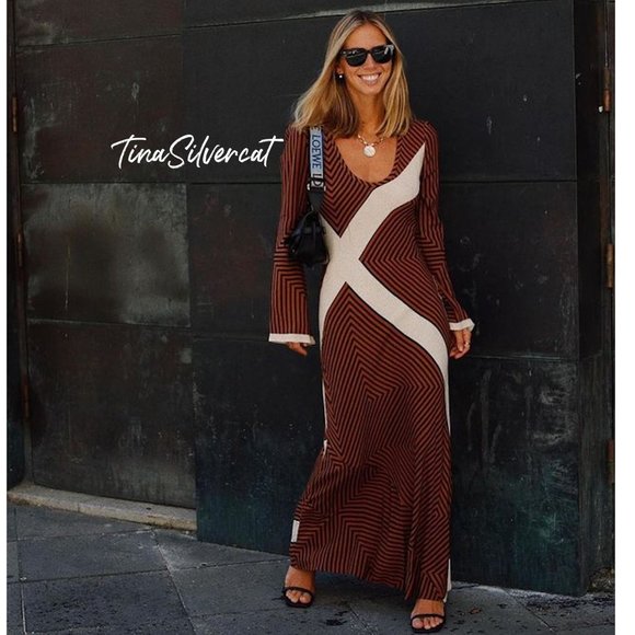 BLOGGER'S FAVE! Zara Striped Midi Dress Brown Sz XS, Small NWT - Picture 11 of 17